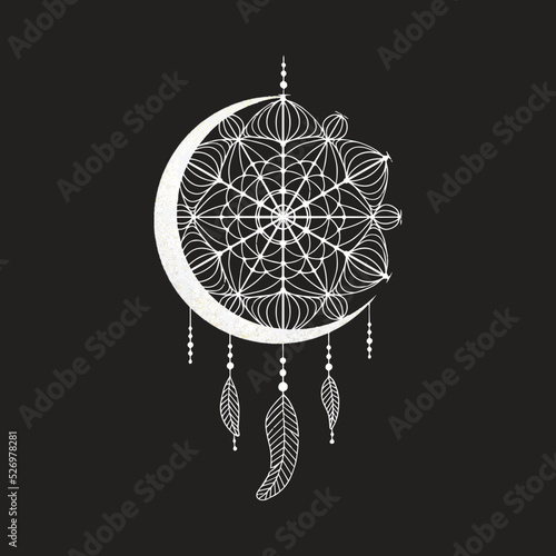 Graphic illustration, Textural art of a dream catcher on the moon, Drawings of stars for clothes