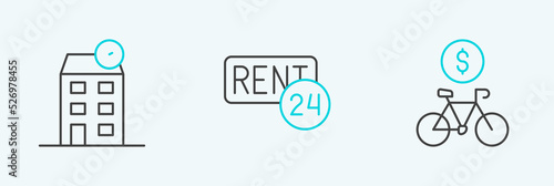 Set line Bicycle rental mobile app, House and Rent icon. Vector