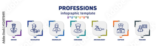 infographic template with icons and 7 options or steps. infographic for professions concept. included driver, graduated, journalist, concierge, archeologist, captain, teacher icons.