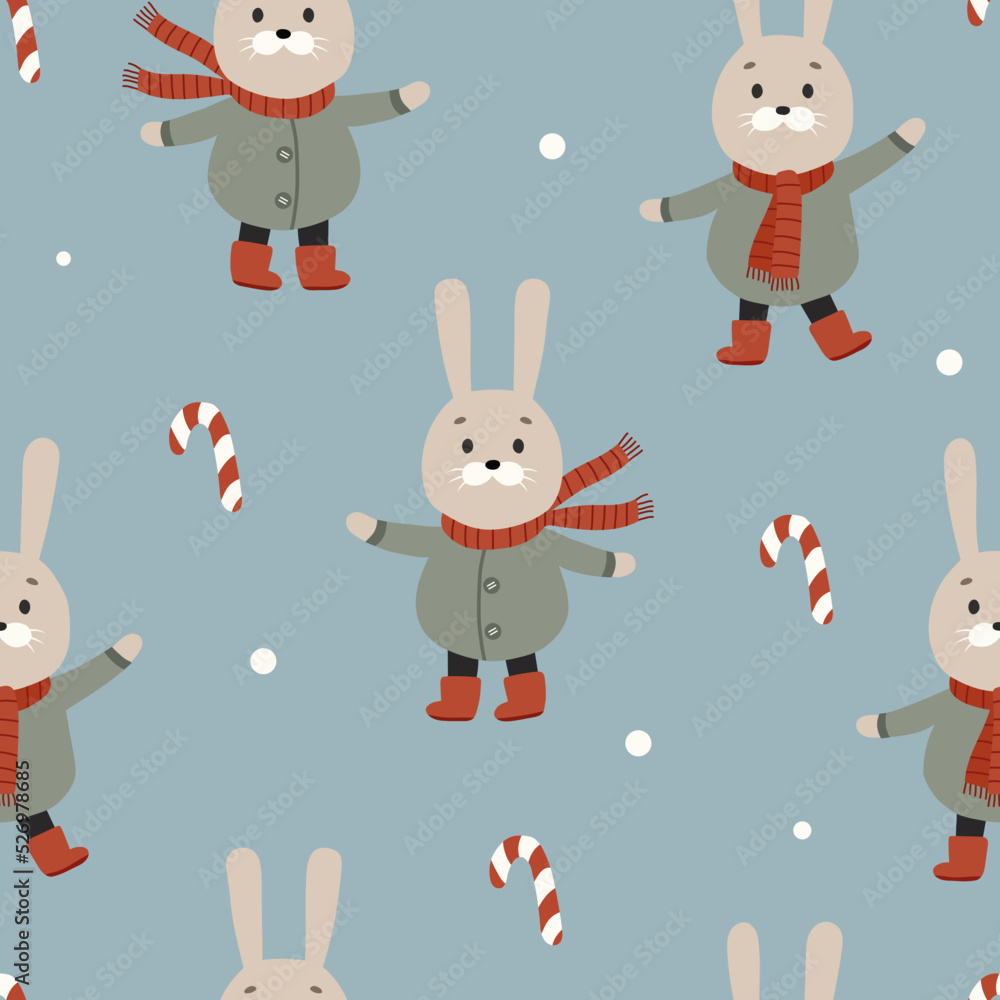 Cute cartoon rabbit dressed up in winter clothes. Christmas seamless vector pattern
