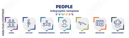 infographic template with icons and 7 options or steps. infographic for people concept. included classes, stoh ache, businessmen hierarchy, sumo fighter, push ups, meeting date, person listening