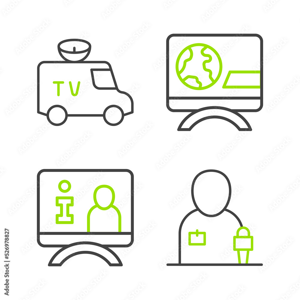 Set line Journalist news, Television report, Breaking and TV News car icon. Vector Set line Journalist news, Television report, Breaking and TV News car icon. Vector