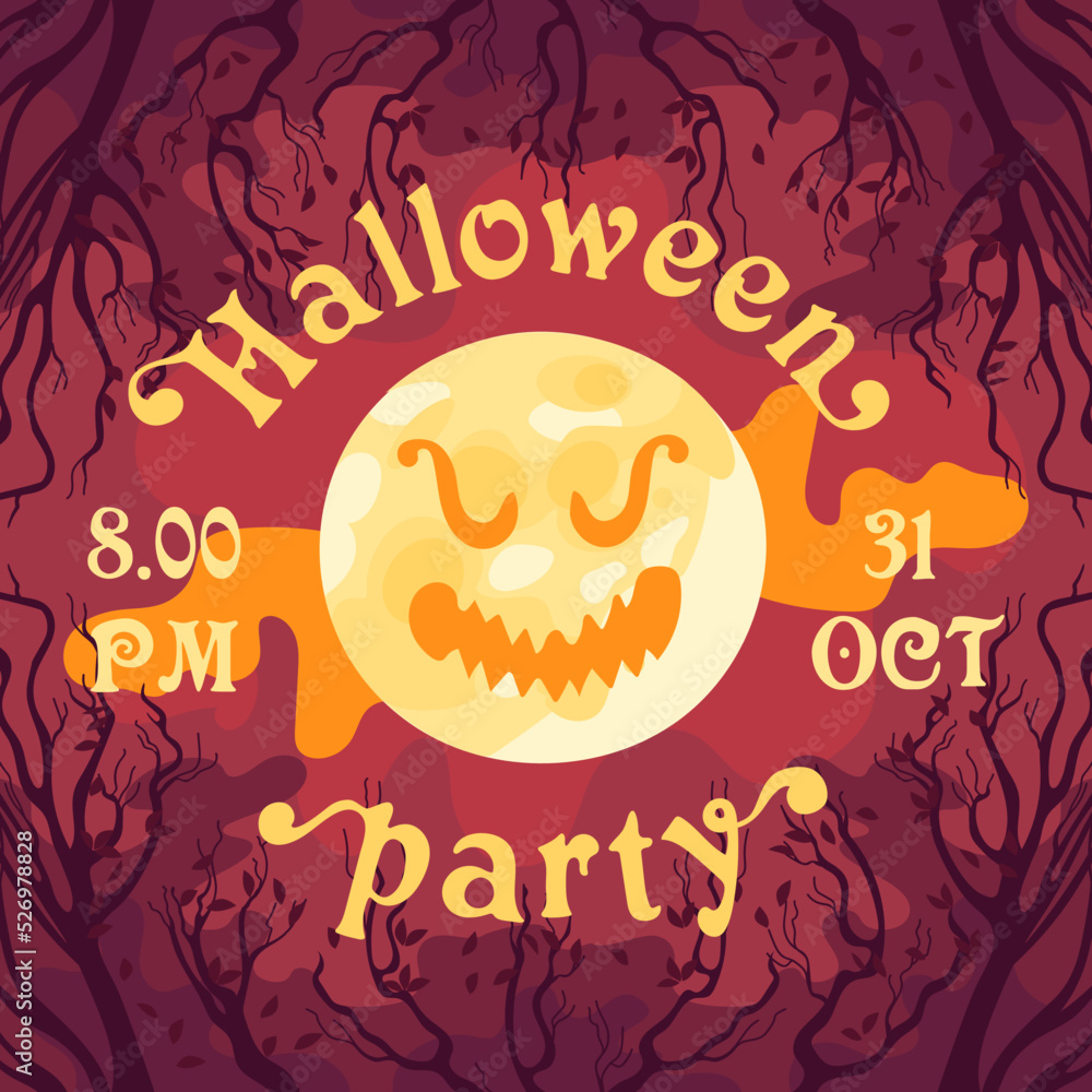 Happy Halloween. Party invitation, yellow moon with scary face in cartoon style. Bare branches without leaves, blood red cloudy sky. vintage lettering. For frame, template, postcards, banners, flyer