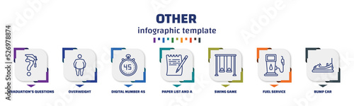 infographic template with icons and 7 options or steps. infographic for other concept. included graduation's questions, overweight, digital number 45, paper list and a pencil, swing game, fuel