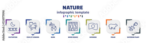 infographic template with icons and 7 options or steps. infographic for nature concept. included cultivation, pair of flowers, burn, wood board, japanese, polar, watering plant icons.