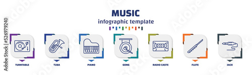 infographic template with icons and 7 options or steps. infographic for music concept. included turntable, tuba, piano, gong, radio caste, flute, jack icons.