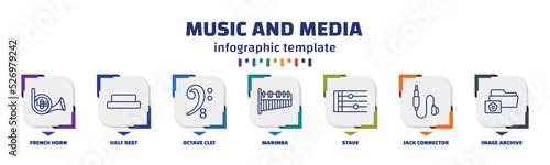 infographic template with icons and 7 options or steps. infographic for music and media concept. included french horn, half rest, octave clef, marimba, stave, jack connector, image archive icons.