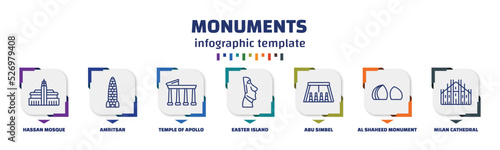 infographic template with icons and 7 options or steps. infographic for monuments concept. included hassan mosque, amritsar, temple of apollo, easter island, abu simbel, al shaheed monument, milan
