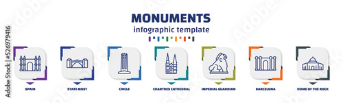 infographic template with icons and 7 options or steps. infographic for monuments concept. included spain, stari most, circle, chartres cathedral, imperial guardian lion, barcelona, dome of the rock