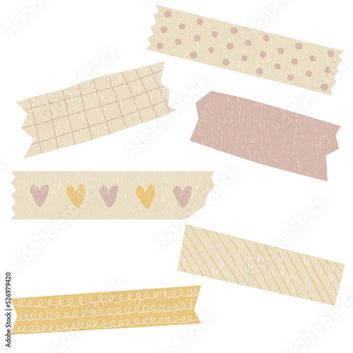 Vector illustration of a decorative tape. Set of pieces of colored patterned washi tape isolated on a white background.