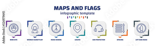 infographic template with icons and 7 options or steps. infographic for maps and flags concept. included mine site, women hairstylist, road joining, locato, ear protection, spacing, left side road