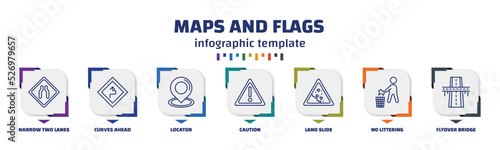 infographic template with icons and 7 options or steps. infographic for maps and flags concept. included narrow two lanes, curves ahead, locator, caution, land slide, no littering, flyover bridge