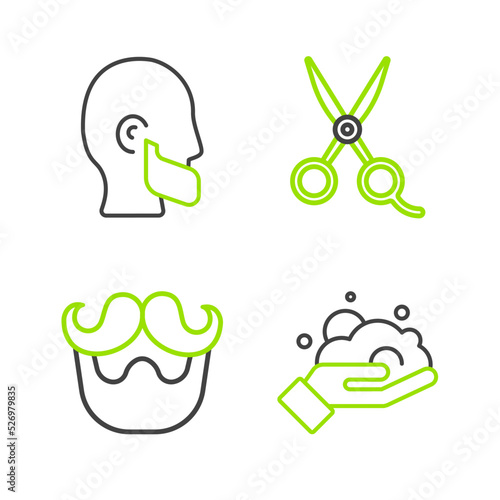 Set line Shaving foam on hand, Mustache beard, Scissors hairdresser and icon. Vector