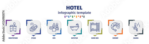 infographic template with icons and 7 options or steps. infographic for hotel concept. included nightstand, steak, spa, bathtub, bunk bed, shrimp, sauna icons.