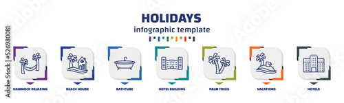 infographic template with icons and 7 options or steps. infographic for holidays concept. included hammock relaxing, beach house, bathtube, hotel building, palm trees, vacations, hotels icons.