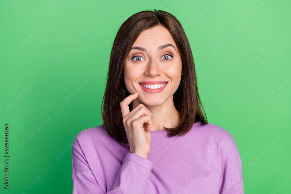 Fototapeta premium Photo of cute lady feel interested about new dentist teeth care beaming smiling isolated green color background