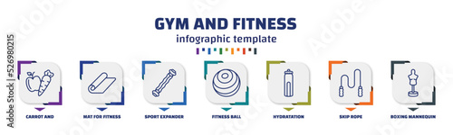 infographic template with icons and 7 options or steps. infographic for gym and fitness concept. included carrot and, mat for fitness, sport expander, fitness ball, hydratation, skip rope, boxing