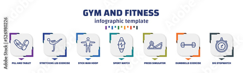 infographic template with icons and 7 options or steps. infographic for gym and fitness concept. included pill and tablet, stretching leg exercise, stick man hoop, sport watch, press simulator,