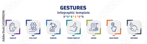 infographic template with icons and 7 options or steps. infographic for gestures concept. included hand up, give a gift, dubious, thumb finger up, decree, drag down, gestures icons.