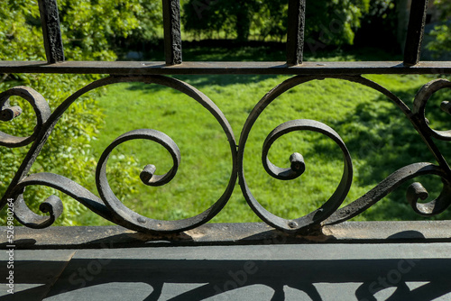 Wallpaper Mural Black iron ornamental banister decorating a green grass garden  with the geometry in the spiral Torontodigital.ca