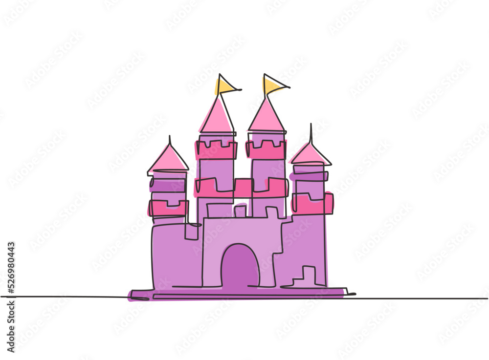Single one line drawing of castle in an amusement park with four towers and two flags on it. A fort that contains an atmosphere in a fairy tale. Continuous line draw design graphic vector illustration