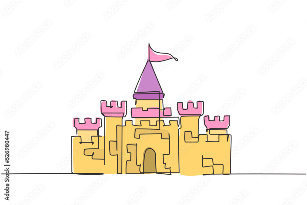 Continuous one line drawing, a castle in an amusement park with five towers and one flag above it. A palace where a happy royal family lived. Single line draw design vector graphic illustration.