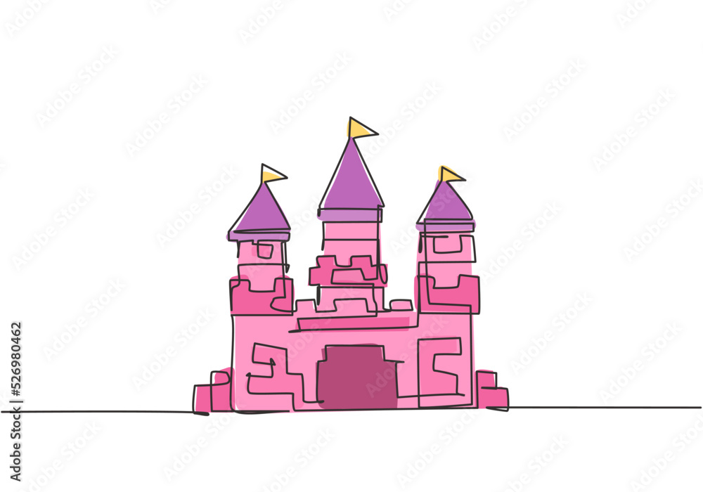 Single continuous line drawing a castle in an amusement park with three towers and a flag on each roof. Fort building that tells of life in a kingdom. One line draw graphic design vector illustration