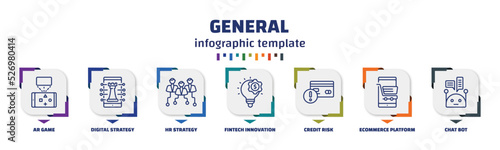 infographic template with icons and 7 options or steps. infographic for general concept. included ar game, digital strategy, hr strategy, fintech innovation, credit risk, ecommerce platform, chat