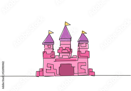 Single continuous line drawing a castle in an amusement park with three towers and a flag on each roof. Fort building that tells of life in a kingdom. One line draw graphic design vector illustration
