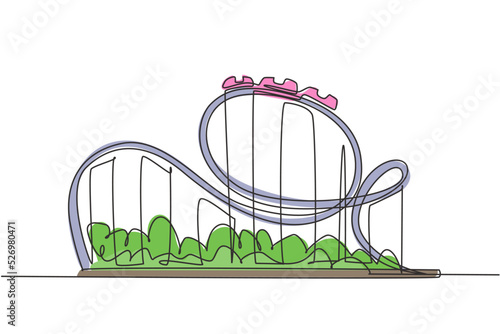 Single one line drawing of a roller coaster in an amusement park with a track high in the sky. Extreme rides that are very popular with young people. One line draw design graphic, vector illustration