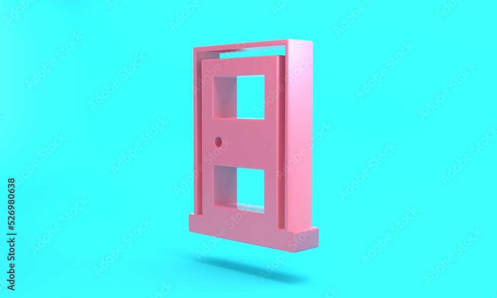 Pink Closed door icon isolated on turquoise blue background. Minimalism concept. 3D render illustration Pink Closed door icon isolated on turquoise blue background. Minimalism concept. 3D render illustration