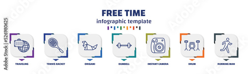 infographic template with icons and 7 options or steps. infographic for free time concept. included traveling, tennis racket, origami, dumbell, instant camera, drum, running man icons.