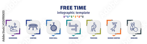infographic template with icons and 7 options or steps. infographic for free time concept. included gardening, jumping, disco ball, crossword, trekking, bungee jumping, bowling icons.
