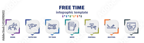 infographic template with icons and 7 options or steps. infographic for free time concept. included riding, water gun, toy train, write, paintball, multitool, fish tank icons.