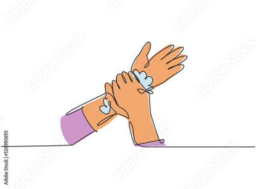 Single one line drawing of twelve steps hand washing by rubbing the wrists with soap and clean water. Clean hands from germs and bacteria. Continuous line draw design graphic vector illustration.