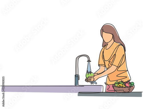 Continuous one line drawing a woman was washing the fruit in the sink from the bacteria that stick to it thoroughly. Using splash and water flow. Single line draw design vector graphic illustration.