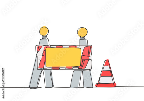 Single continuous line drawing warnings on under construction boards and traffic cones located on the side of the road that is undergoing repairs. One line draw graphic design vector illustration.