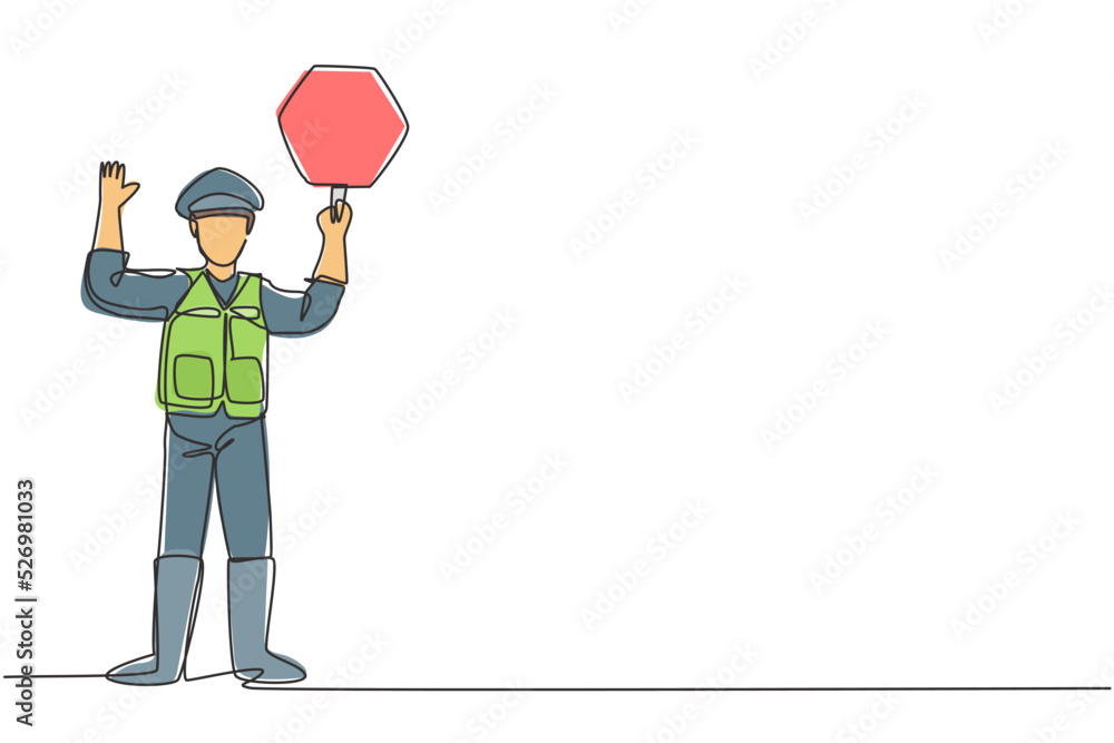 Single continuous line drawing policeman in full uniform and lifting ...