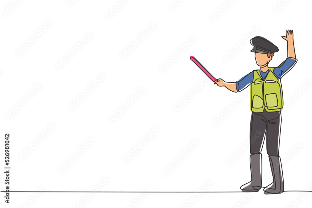 Single one line drawing of a policeman in full uniform and using a short stick is controlling the vehicle on a busy highway. A life in the city. Continuous line draw design graphic vector illustration
