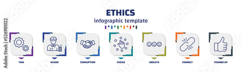 infographic template with icons and 7 options or steps. infographic for ethics concept. included ting, guard, corruption, choice, smileys, connect, thumbs up icons.