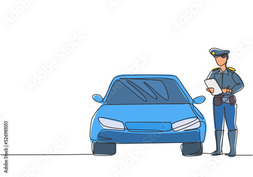 Single continuous line drawing policeman with uniform is ticketing a driver who uses a car for violating traffic signs. Regulations must be enforced. One line draw graphic design vector illustration.