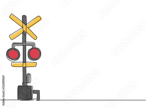 Single one line drawing of railway barrier with signs and warning lights in an open position that allows vehicles to cross railway lines. Modern continuous line draw design graphic vector illustration