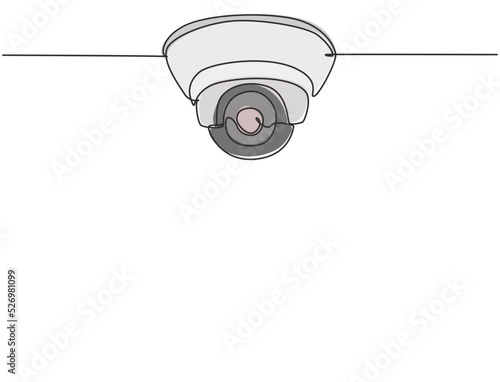 Single one line drawing of cctv located on the ceiling of the office to monitor and maintain security from crime. The result of technological advances. One line draw design graphic vector illustration