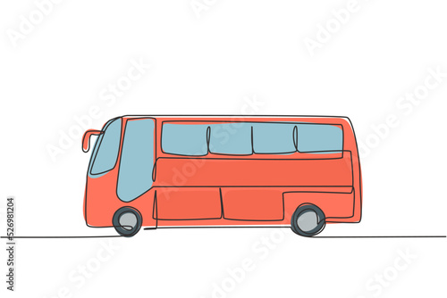 Single one line drawing of bus seen from the side that will serve passengers traveling between cities for holidays with family. Modern continuous line draw design graphic vector illustration.