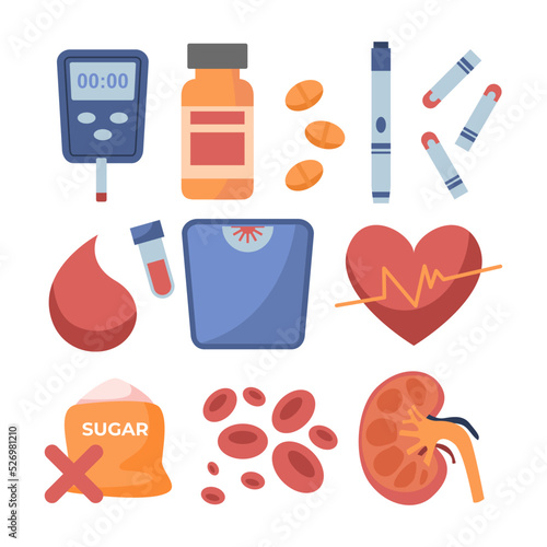 Diabetes flat vector elements set. Diabetes equipment icon collection. Insuline pump, glucometer, syringe, pen, lancet, test strips, insulin, blood, sugar, Heart. Concept of healthcare prevention