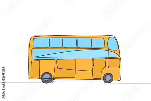 Single continuous line drawing double decker buses that are seen from the side, serve tourists to go around the city enjoying their holidays. Dynamic one line draw graphic design vector illustration.