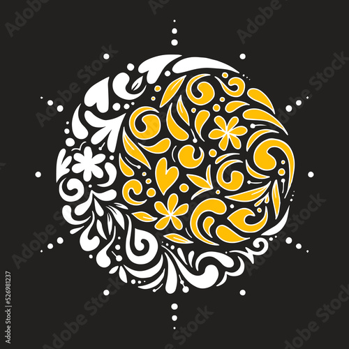 Graphic illustration, texture art with moon and sun pattern, stars Designs for clothing, etc.