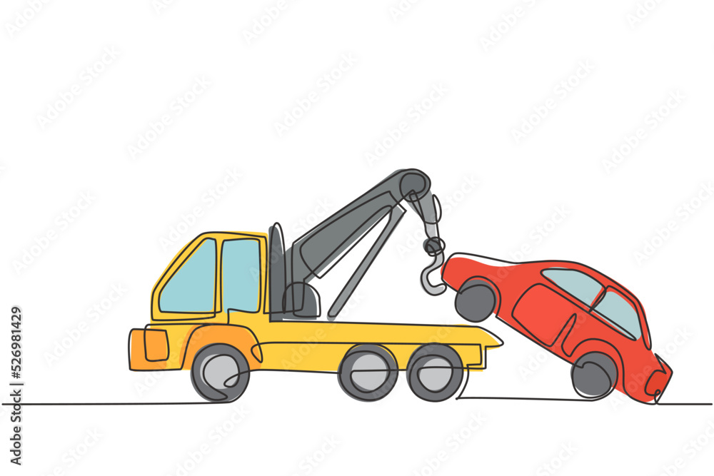 Continuous one line drawing tow truck is lifting the broken car to be lifted onto it using the crane. The car was damaged in a traffic accident. Single line draw design vector graphic illustration.