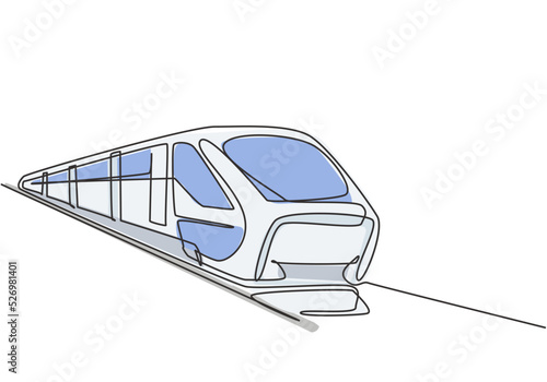 Single one line drawing of train seen from the front prepares to carry passengers quickly, safely and comfortably to their destination. Modern continuous line draw design graphic vector illustration.