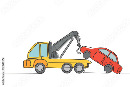 Continuous one line drawing tow truck is lifting the broken car to be lifted onto it using the crane. The car was damaged in a traffic accident. Single line draw design vector graphic illustration.